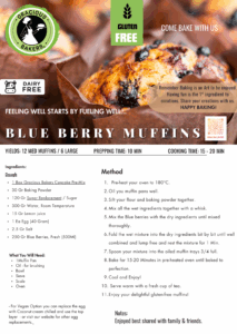 Freshly baked gluten-free and dairy-free blueberry muffins on a plate, topped with vibrant blueberries and a dusting of powdered sugar.