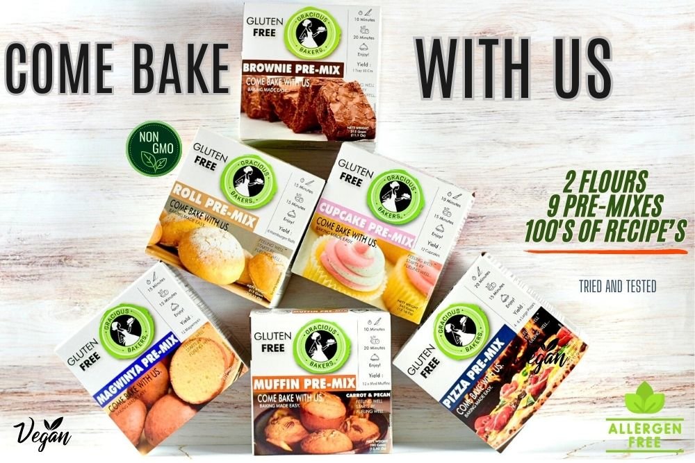 Come Bake with Us promotion showcasing Gracious Baker’s premium pre-mix range of allergen-free, gluten-free, and dairy-free flour bags displayed with delicious baked goods.